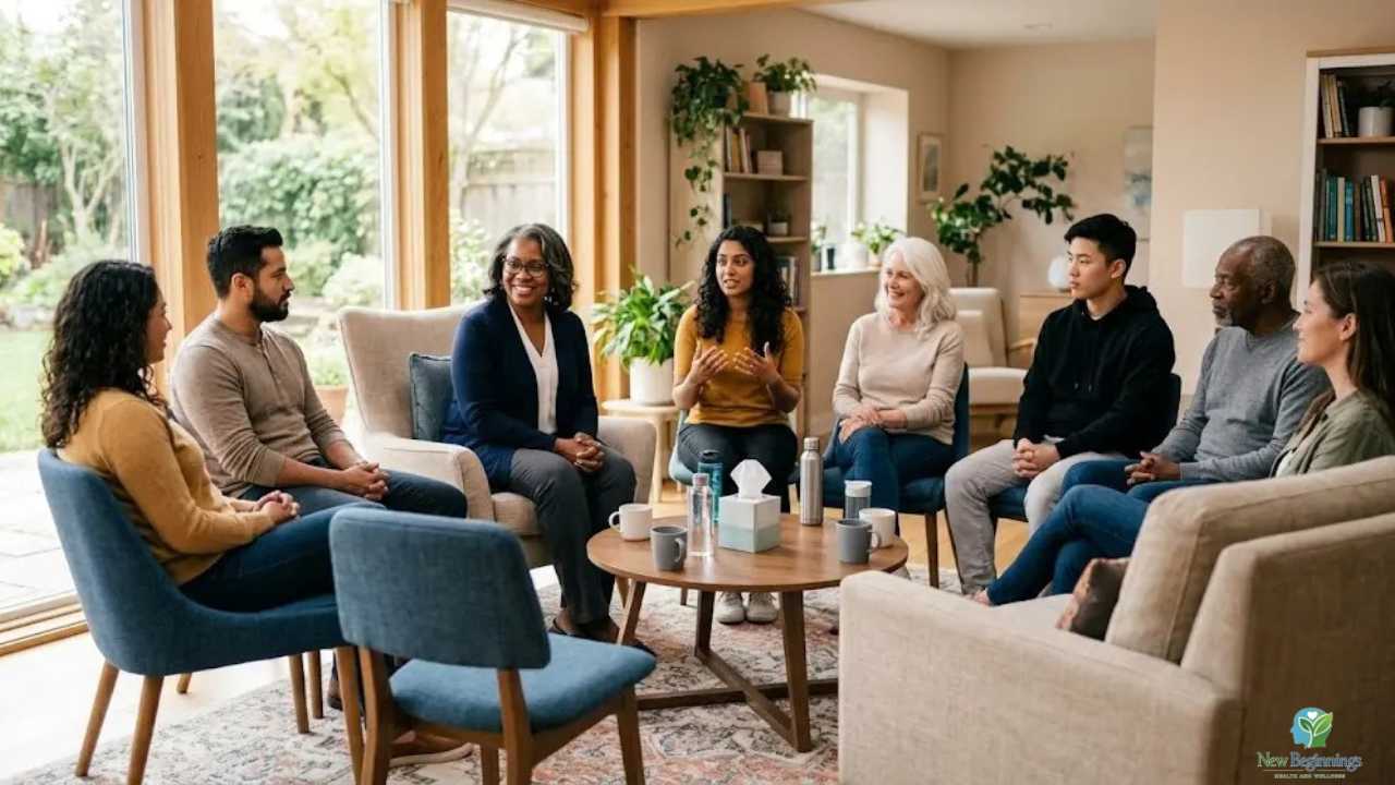 A diverse group therapy circle in a welcoming environment